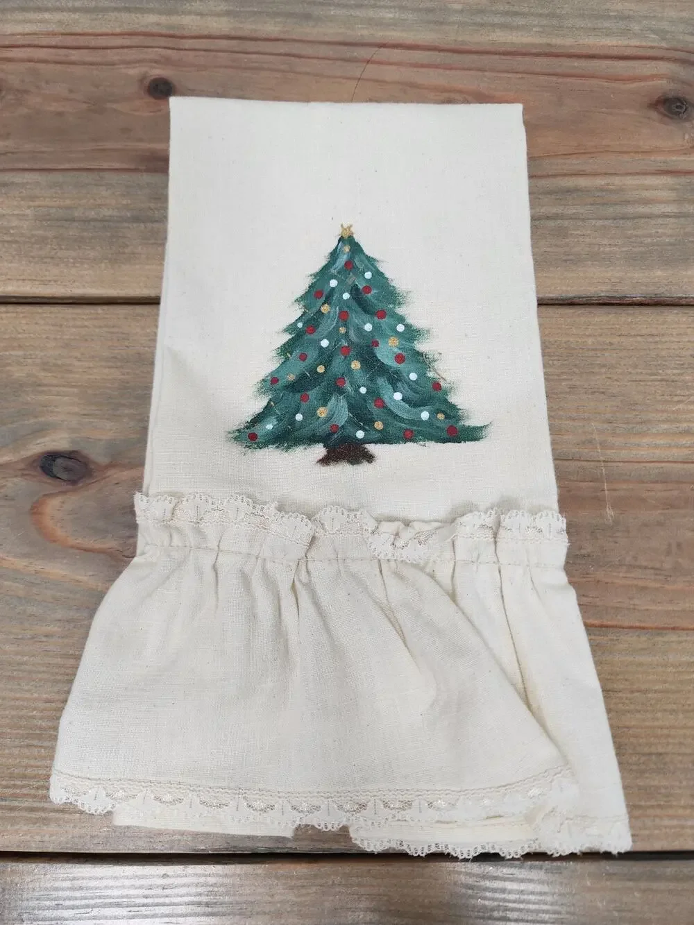 Linen Hand Painted Ruffle Christmas Tree Hand towel